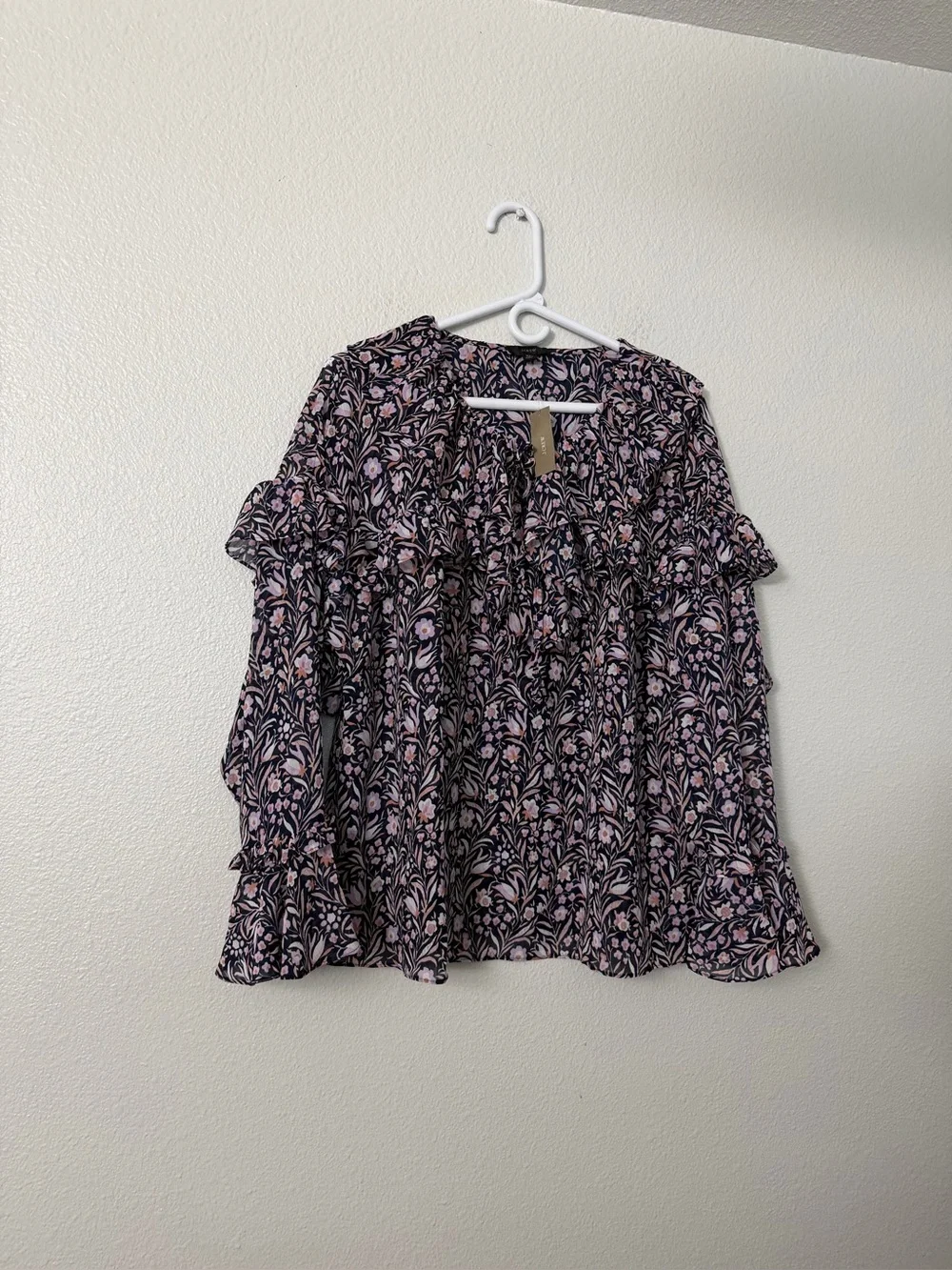 J. Crew Black Floral Ruffle-Sleeve Blouse with Pink Print Sz XL